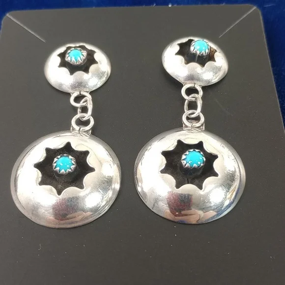 Vintage Navajo Shadowbox Sterling Silver and Turquoise Dangle Earrings - Picture 12 of 12